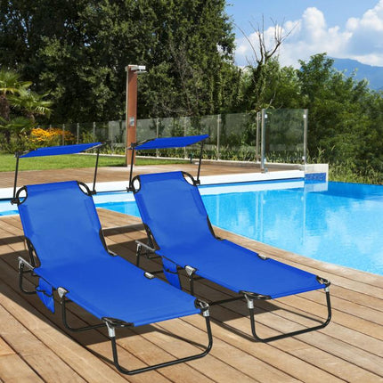 Set of Two Folding Sun Loungers, with Adjustable Backs and Sun Canopies - Blue