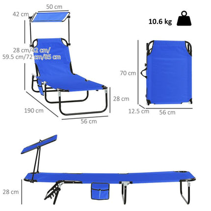 Set of Two Folding Sun Loungers, with Adjustable Backs and Sun Canopies - Blue