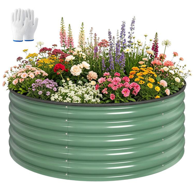 Galvanised Raised Garden Bed with Safety Edging, Outdoor Raised Planter Box with Gloves, 120 x 120 x 43cm, Light Green