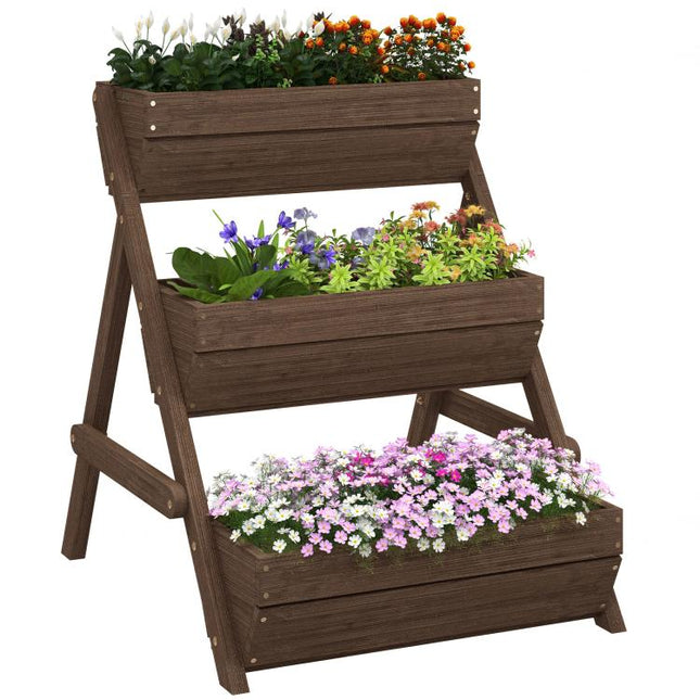 3 Tier Raised Garden Bed Wooden Elevated Planter Box Kit, 66L for Flower, Vegetable, Herb, 65x75x78cm, Tan