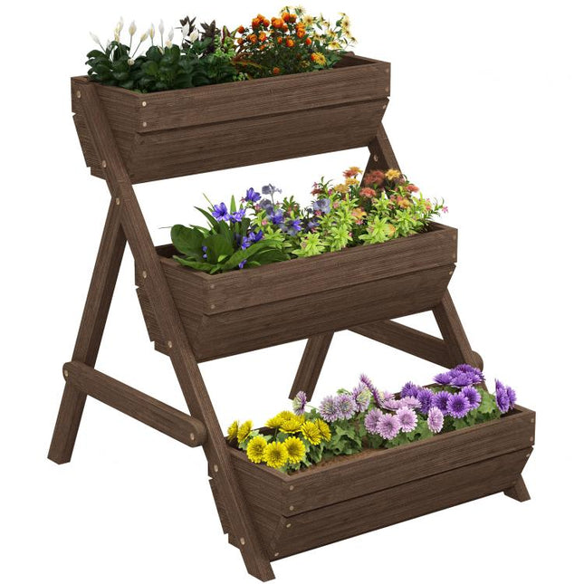 3 Tier Raised Garden Bed Wooden Elevated Planter Box Kit, 66L for Flower, Vegetable, Herb, 65x75x78cm, Tan