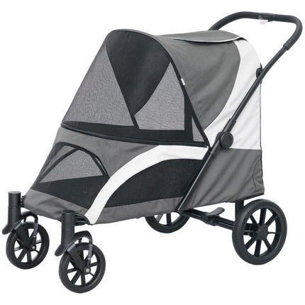 Foldable Pet Stroller for Medium Dogs with 4 Big Wheels, Shock-Absorbing Frame, Safety Leashes, Brakes, Dark Grey