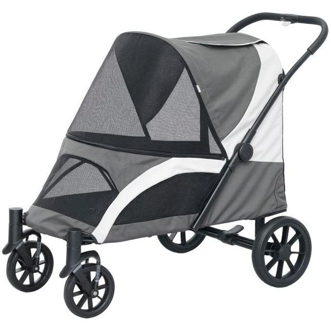 Foldable Pet Stroller for Medium Dogs with 4 Big Wheels, Shock-Absorbing Frame, Safety Leashes, Brakes, Dark Grey