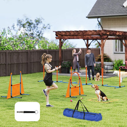 6-Piece Dog Agility Equipment Set with Weave Poles, Jump Ring, Hurdle, Pause Box, Bag, Orange