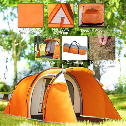 2-3 Man Tunnel Tents w/ Vestibule Camping Tent Porch Air Vents Weather-Resistant Shelter, Orange