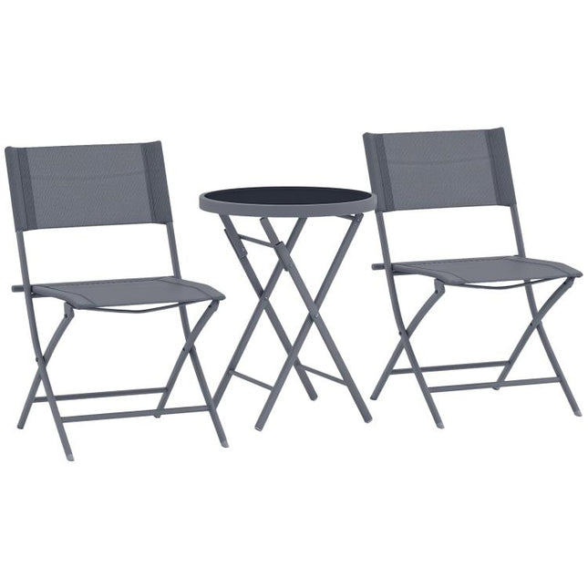 3 Pieces Outdoor Bistro Set, Glass Top Outdoor Table and 2 Folding Chairs with Protecting Feet, Grey