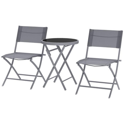 3 Pieces Outdoor Bistro Set, Glass Top Outdoor Table and 2 Folding Chairs with Protecting Feet, Grey