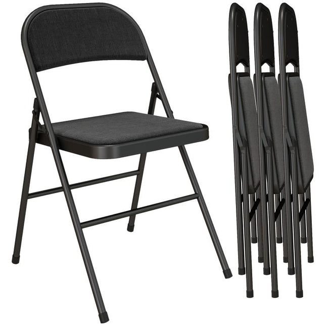 Linen-Look Set of Four Cushioned Folding Chairs - Black