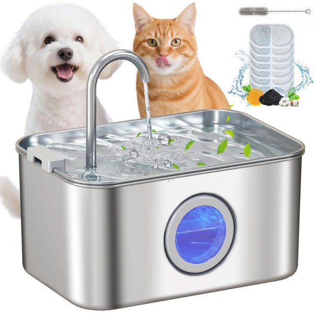 3.2L Cat Water Fountain for Drinking, Cat Fountain Stainless Steel with Visible Water-Level Window, Ultra-Silent Pump