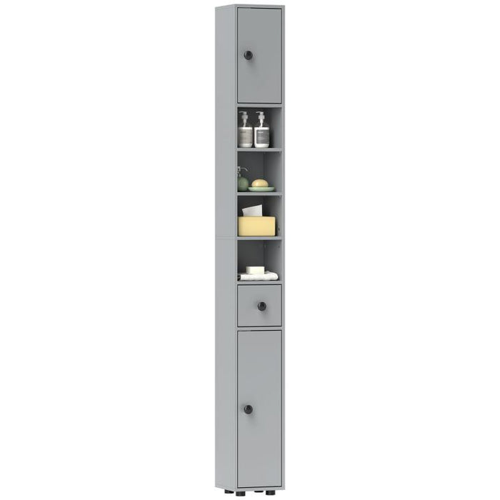 180cm Slim Bathroom Cabinet, with Drawer, Shelves and Cupboards - Grey