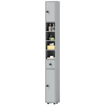 180cm Slim Bathroom Cabinet, with Drawer, Shelves and Cupboards - Grey