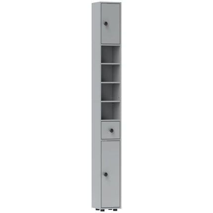 180cm Slim Bathroom Cabinet, with Drawer, Shelves and Cupboards - Grey