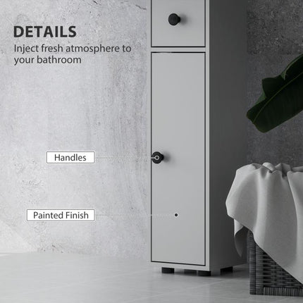 180cm Slim Bathroom Cabinet, with Drawer, Shelves and Cupboards - Grey