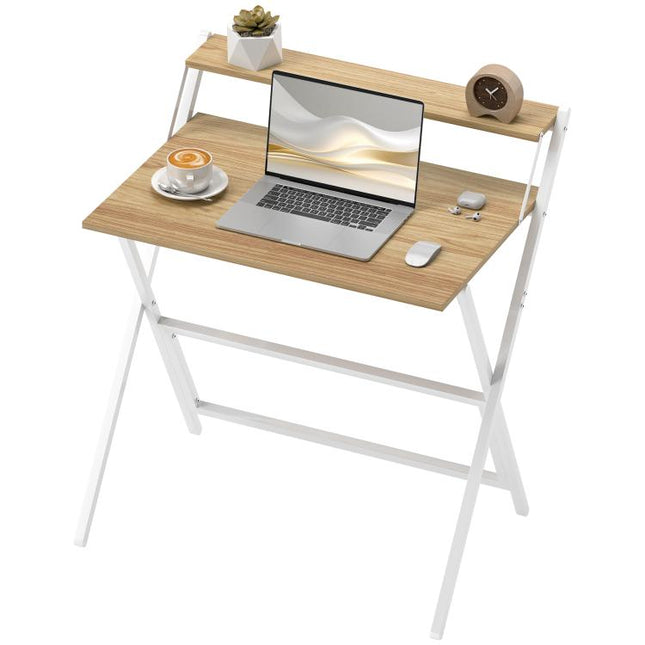 81.5 cm Folding Computer Desk with Monitor Shelf - Natural Wood Finish