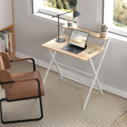 81.5 cm Folding Computer Desk with Monitor Shelf - Natural Wood Finish