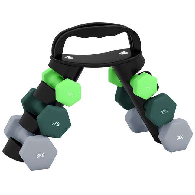 Dumbbells Set with Storage Rack, 2 x 1kg, 2 x 2kg, 2 x 3kg, Green