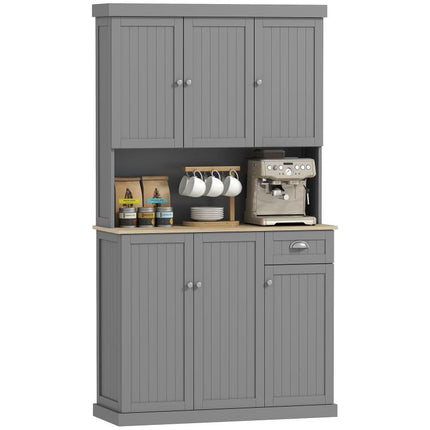 180cm Freestanding Kitchen Cabinet, Modern Storage Cupboard with Open Countertop, Drawer and 6 Doors, Grey
