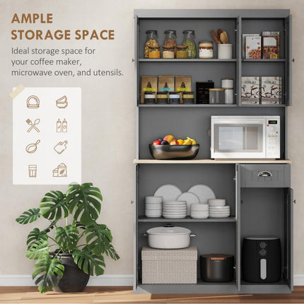 180cm Freestanding Kitchen Cabinet, Modern Storage Cupboard with Open Countertop, Drawer and 6 Doors, Grey