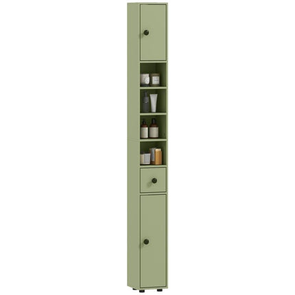 180cm Slim Bathroom Cabinet, with Drawer, Shelves and Cupboards - Green