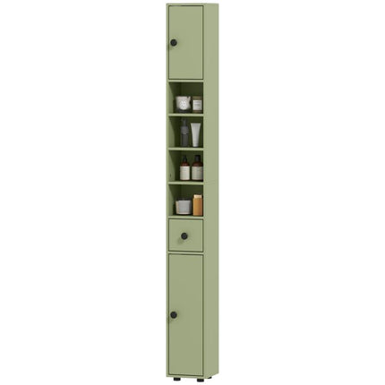 180cm Slim Bathroom Cabinet, with Drawer, Shelves and Cupboards - Green