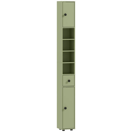 180cm Slim Bathroom Cabinet, with Drawer, Shelves and Cupboards - Green