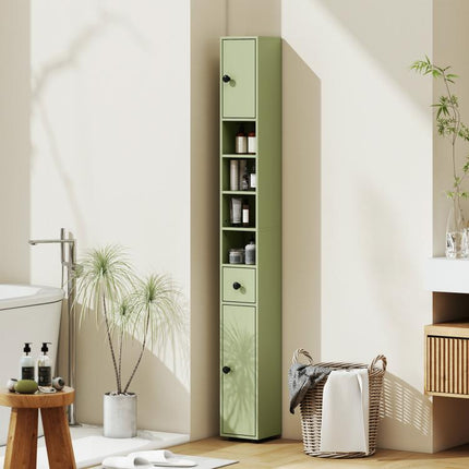 180cm Slim Bathroom Cabinet, with Drawer, Shelves and Cupboards - Green