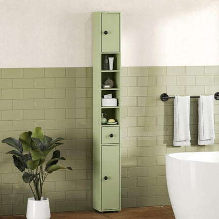 180cm Slim Bathroom Cabinet, with Drawer, Shelves and Cupboards - Green