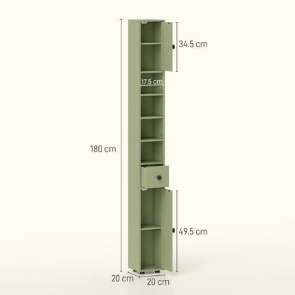 180cm Slim Bathroom Cabinet, with Drawer, Shelves and Cupboards - Green