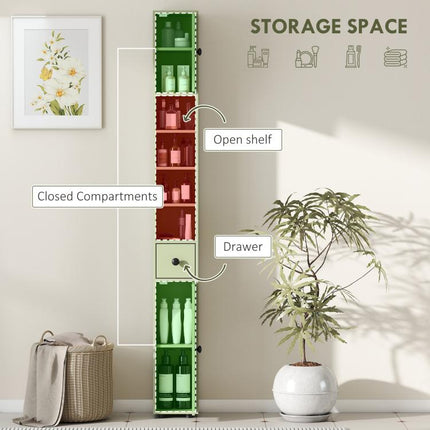 180cm Slim Bathroom Cabinet, with Drawer, Shelves and Cupboards - Green