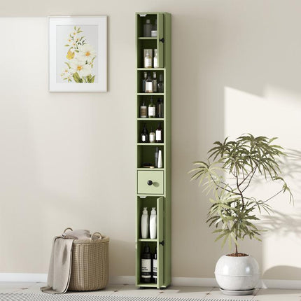 180cm Slim Bathroom Cabinet, with Drawer, Shelves and Cupboards - Green
