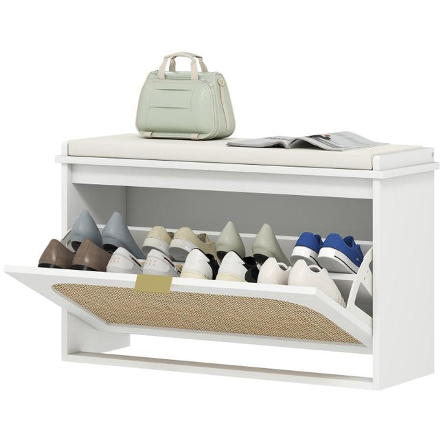 Boho Shoe Bench with Padded Seat and Flip-Drawer - White