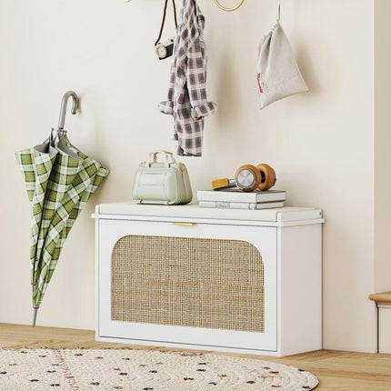 Boho Shoe Bench with Padded Seat and Flip-Drawer - White