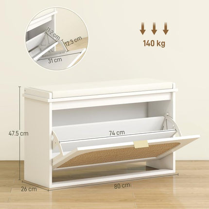 Boho Shoe Bench with Padded Seat and Flip-Drawer - White