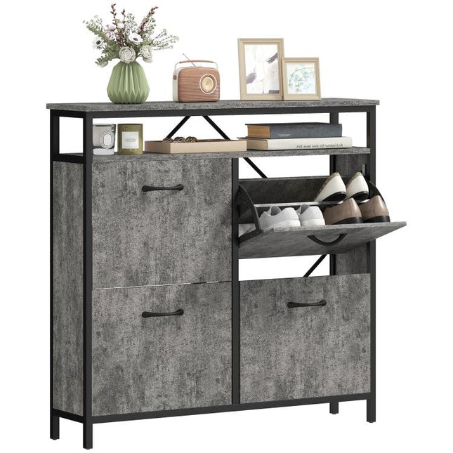 Shoe Storage Cabinet with 4 Flip Drawers and Open Shelf - Cement Grey