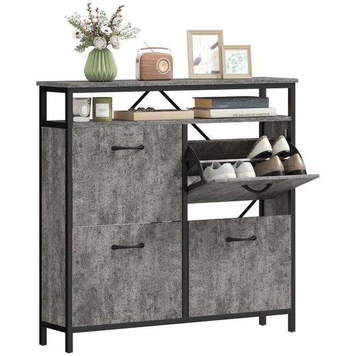 Shoe Storage Cabinet with 4 Flip Drawers and Open Shelf - Cement Grey