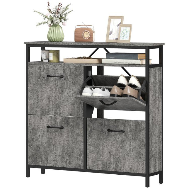 Shoe Storage Cabinet with 4 Flip Drawers and Open Shelf - Cement Grey