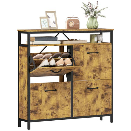 Shoe Storage Cabinet with 4 Flip Drawers and Open Shelf - Rustic Brown