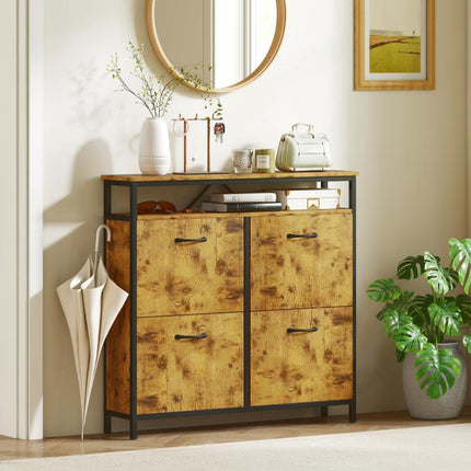 Shoe Storage Cabinet with 4 Flip Drawers and Open Shelf - Rustic Brown
