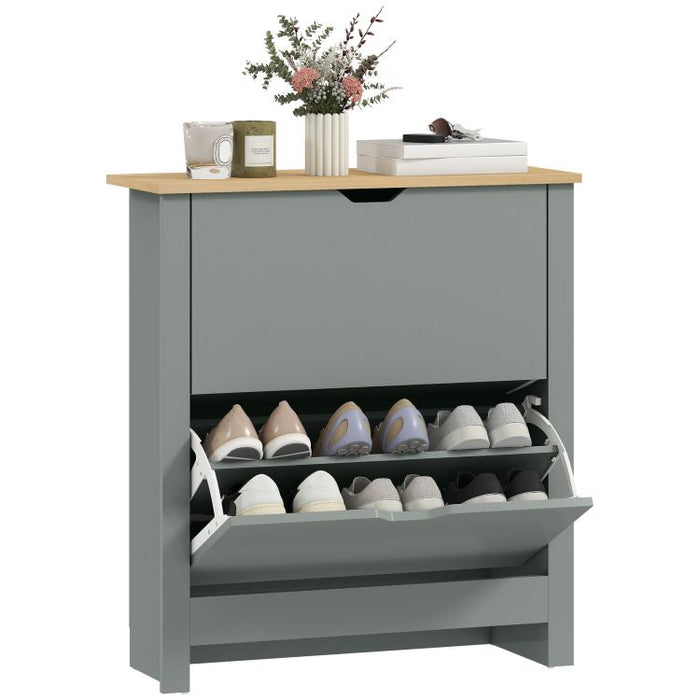 Slim Shoe Cabinet, Narrow Shoe Cupboard with 2 Flip Drawers, Adjustable Shelves for 12 Pairs of Shoes, Light Grey