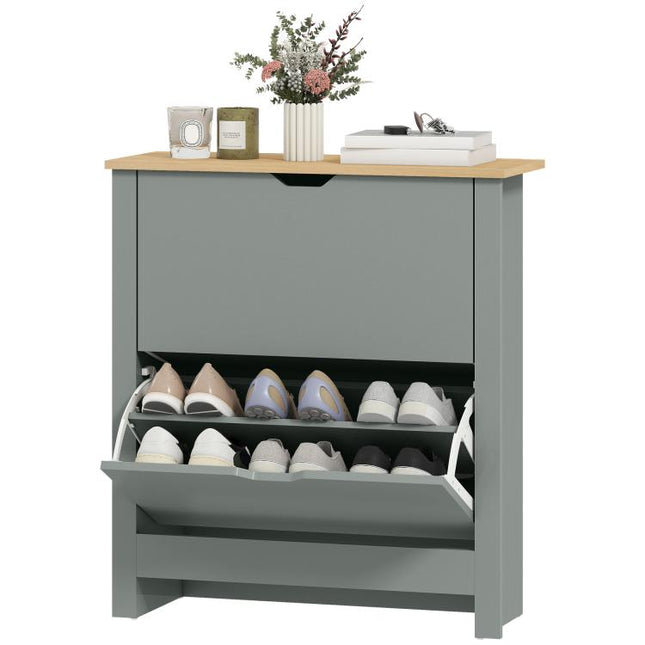 Slim Shoe Cabinet, Narrow Shoe Cupboard with 2 Flip Drawers, Adjustable Shelves for 12 Pairs of Shoes, Light Grey