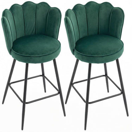 Set of Two Velvet-Feel Lotus Bar Stools - Dark Green