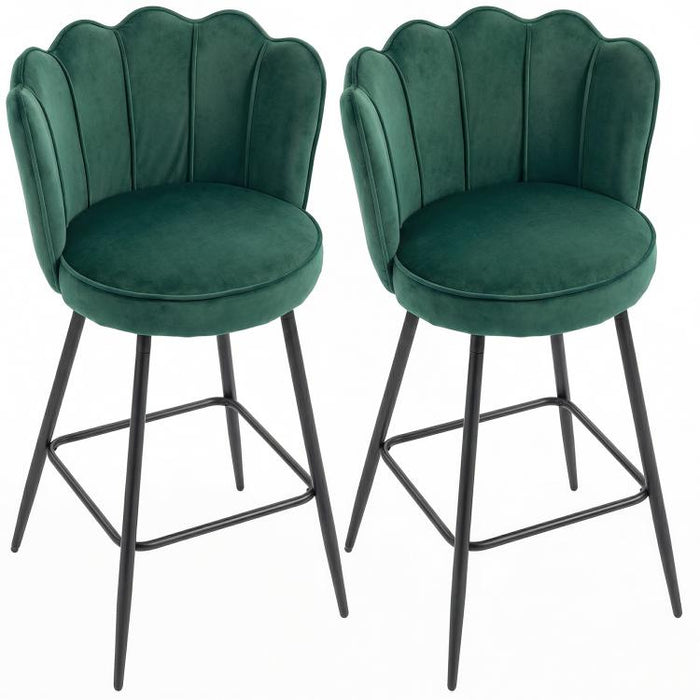 Set of Two Velvet-Feel Lotus Bar Stools - Dark Green