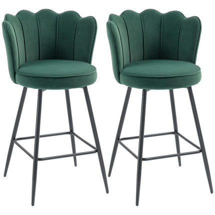 Set of Two Velvet-Feel Lotus Bar Stools - Dark Green