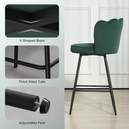 Set of Two Velvet-Feel Lotus Bar Stools - Dark Green