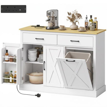 Tilt Out Trash Cabinet with Charging Station, Kitchen Island with Storage, 57 Liter Hidden Rubbish Bin Storage, White