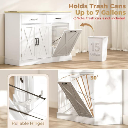 Tilt Out Trash Cabinet with Charging Station, Kitchen Island with Storage, 57 Liter Hidden Rubbish Bin Storage, White