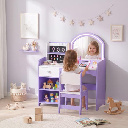 Kids Vanity Set, Kids Dressing Table with Stool, Drawer, Purple