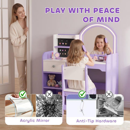 Kids Vanity Set, Kids Dressing Table with Stool, Drawer, Purple