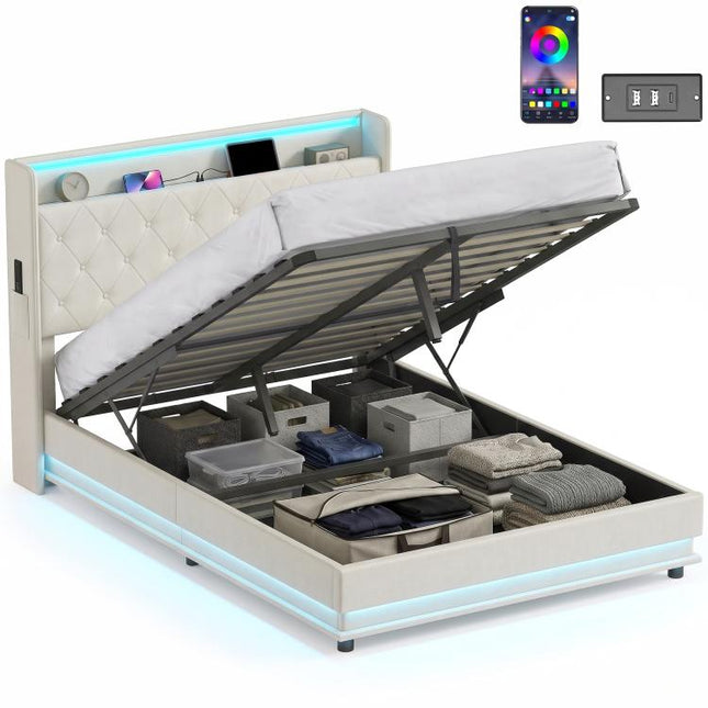 Ottoman Double Bed Frame with 360 Degrees LED Lights, Cream White 135x190cm