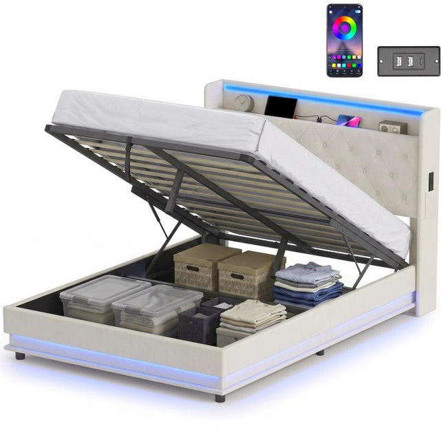 Ottoman Double Bed Frame with 360 Degrees LED Lights, Cream White 135x190cm